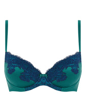 Load image into Gallery viewer, MYLA Heritage Silk Padded Plunge Bra - Emerald/Ink Blue - 32A - 32B - 32C - 32D - 32DD - 34A - 34B - 34C - 34D - 34DD - 36A - 36B - 36C - 36D - 36DD