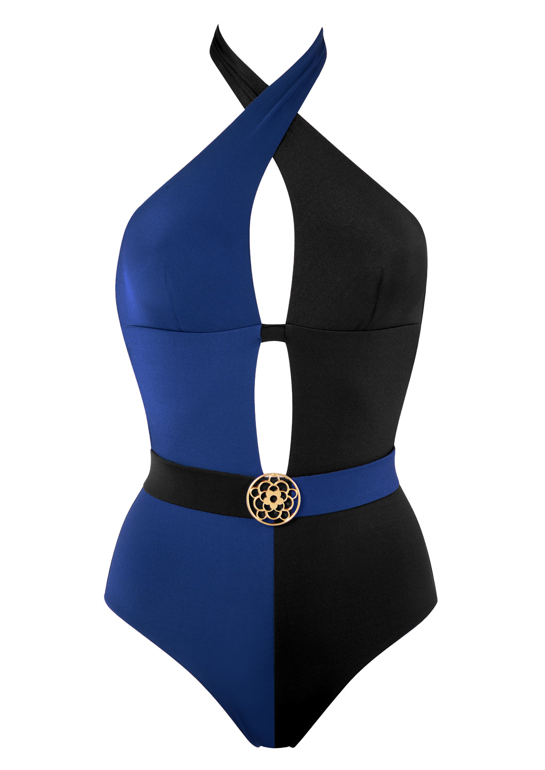 MYLA - Richmond Mews - halterneck-panelled, belted Swimsuit - Black/Blue