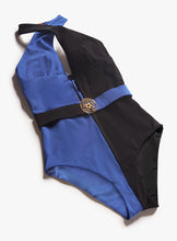 Load image into Gallery viewer, MYLA - Richmond Mews - halterneck-panelled, belted Swimsuit - Black/Blue