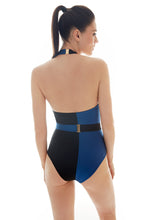 Load image into Gallery viewer, MYLA - Richmond Mews - halterneck-panelled, belted Swimsuit - Black/Blue