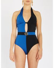 Load image into Gallery viewer, MYLA - Richmond Mews - halterneck-panelled, belted Swimsuit - Black/Blue